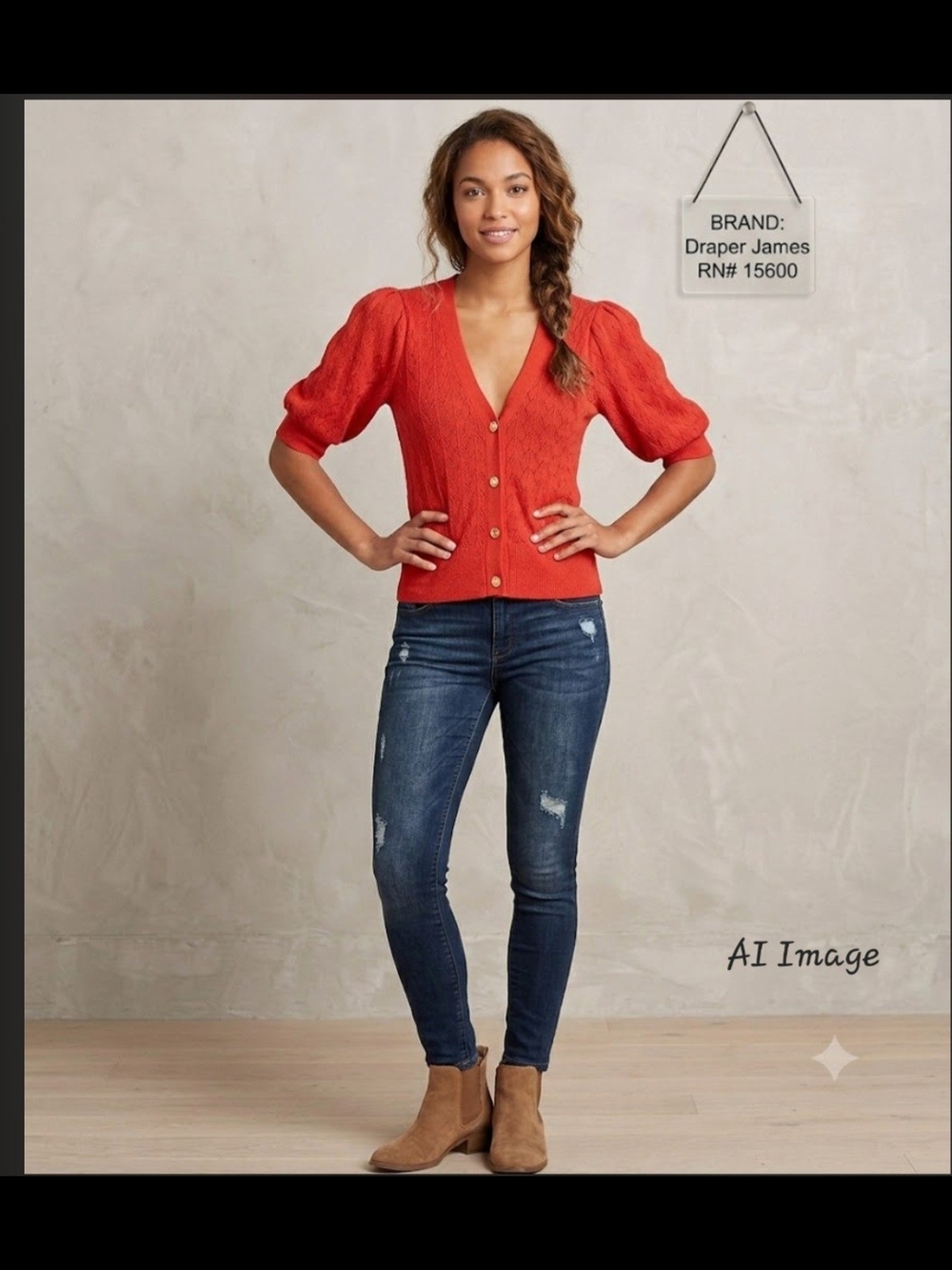 Draper James Coral-Red Puff Sleeve V-Neck Cardigan